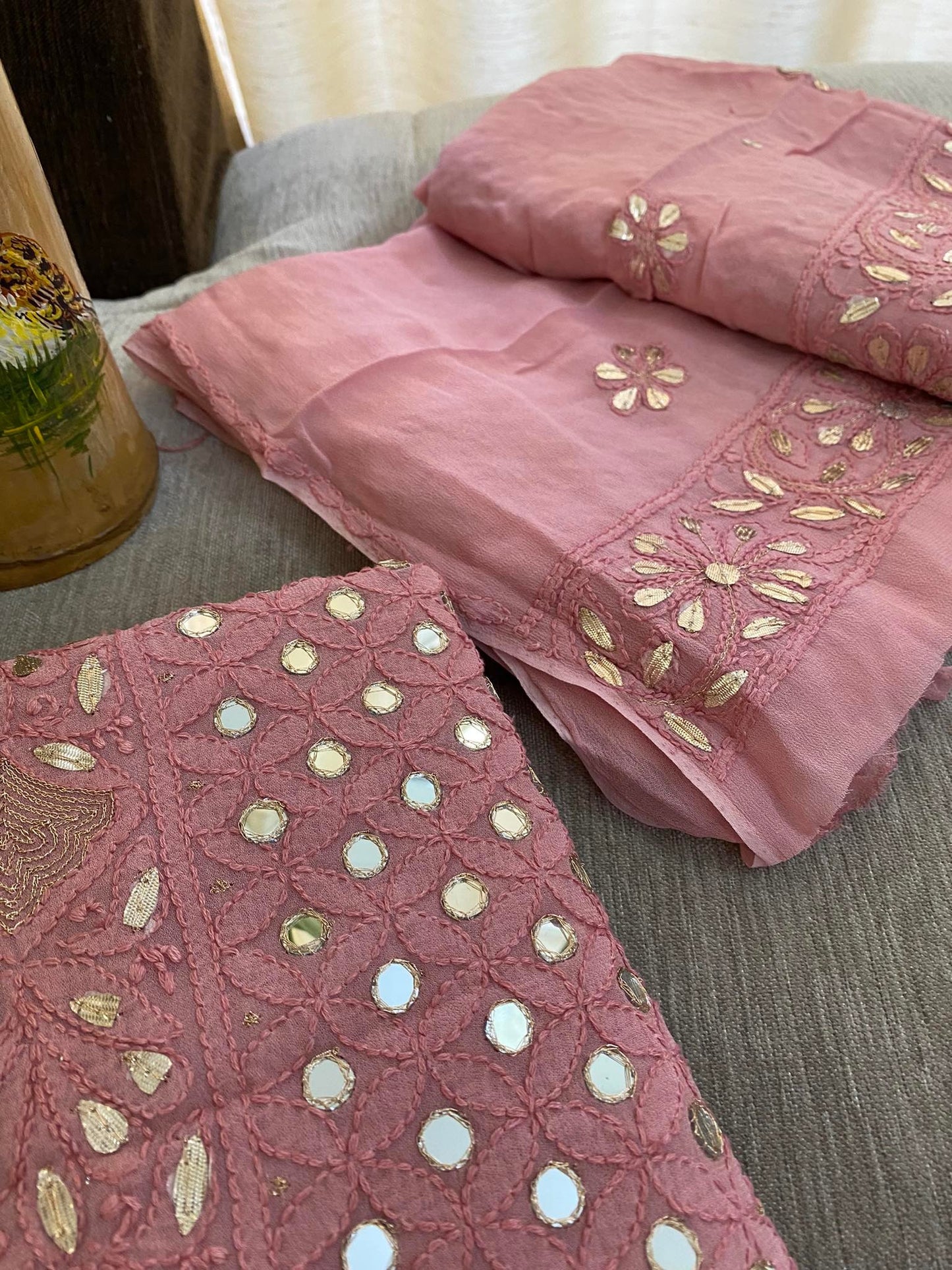 Dusty Rose Pink Mirror & Gota Patti Lucknowi Chikankari Suit