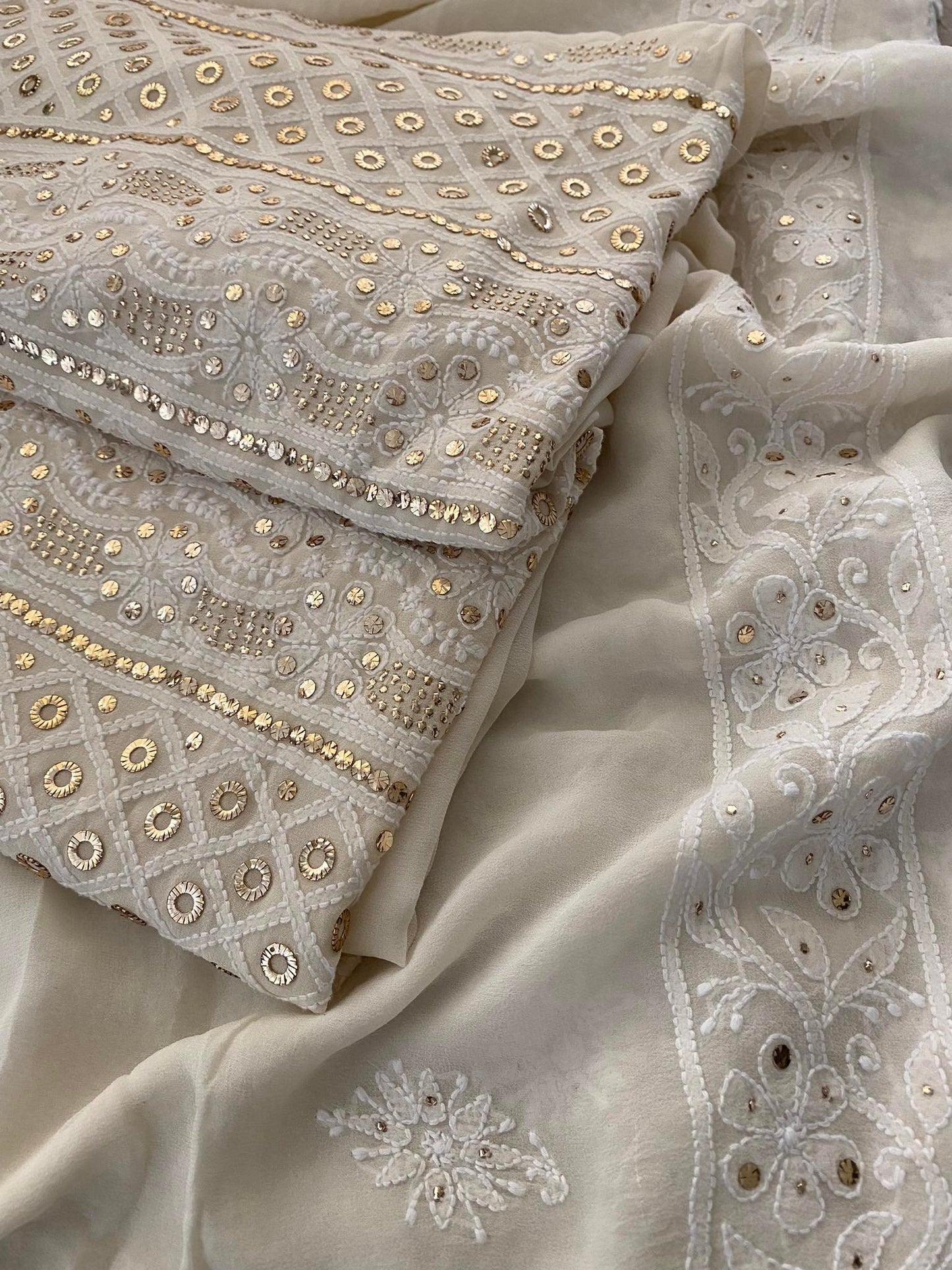 Ivory White Lucknowi Chikan Ring Mukaish Suit - Eid Collection