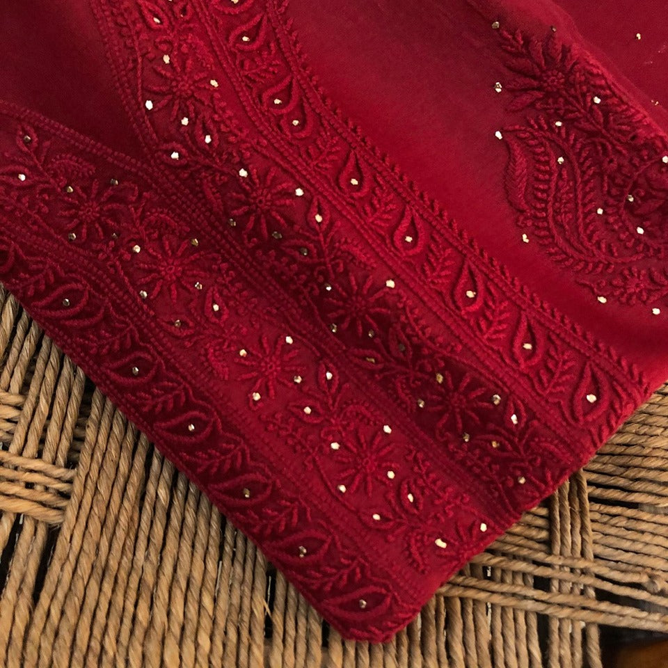 Maroon Fine Chanderi Chikankari Mukaish Work Suit (Kurta and Dupatta)