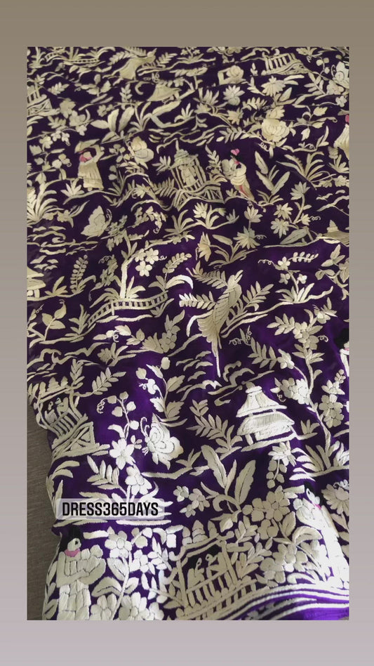 Designer Parsi Gara Hand Embroidered Purple & Ivory Saree