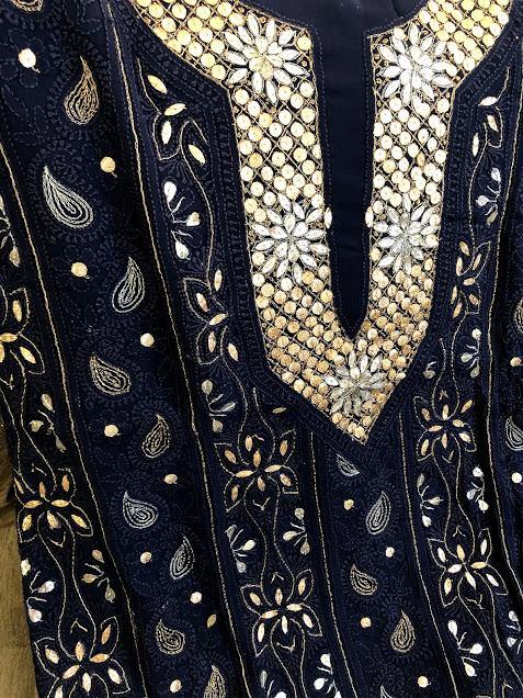 Navy Gota patti Neckline Chikankari Suit - Dress365days