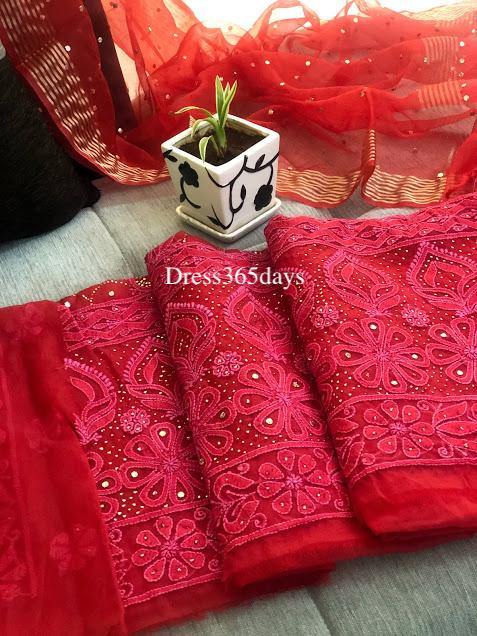 Red Organza Mukaish Chikankari Suit