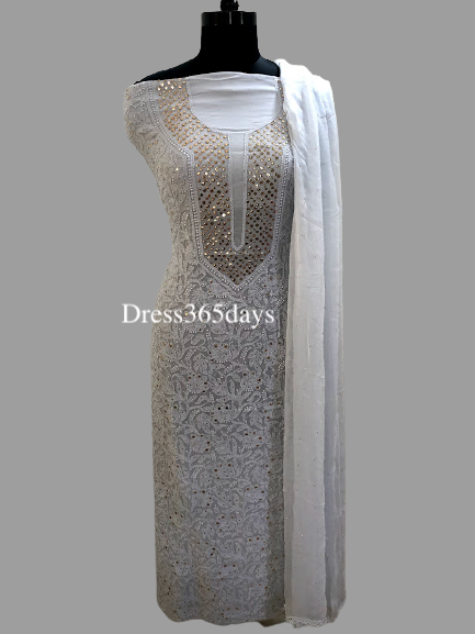 Light Grey Mukaish Neckline Chikankari Suit - Dress365days