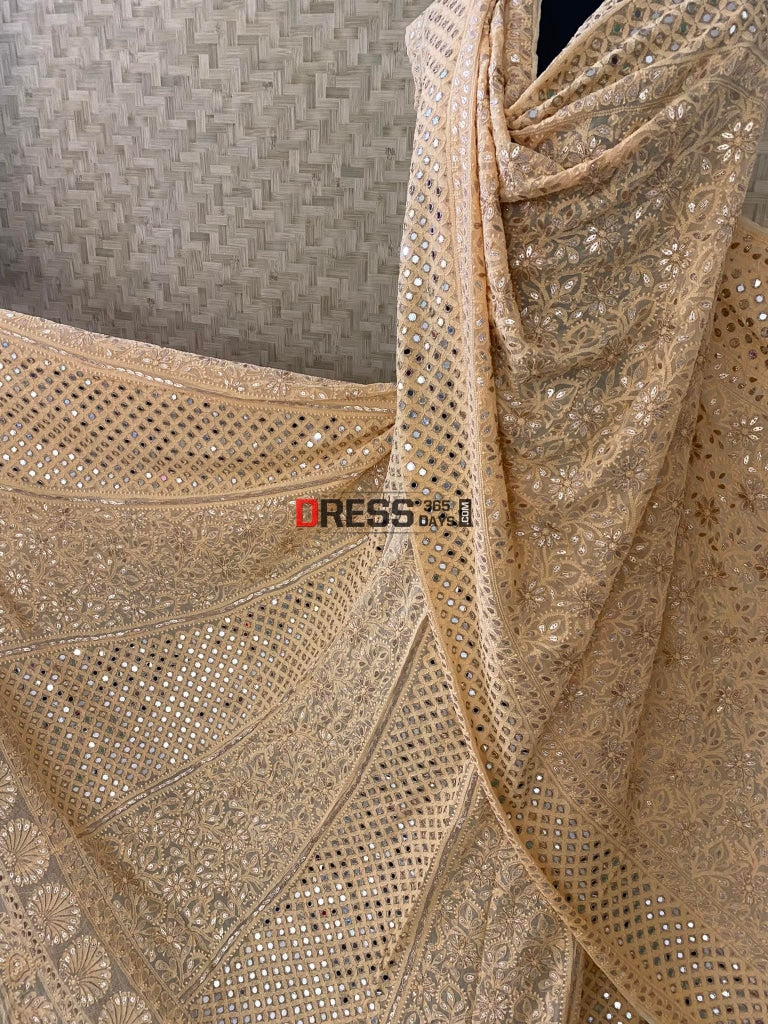 Beige Lucknowi Mirror & Gota Patti Work Lehenga Set Chikankari