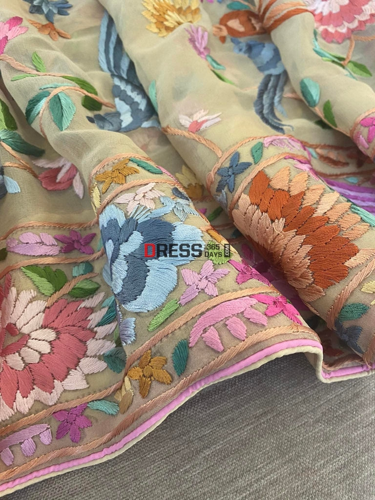 Beige Multicolour Parsi Gara Dupatta