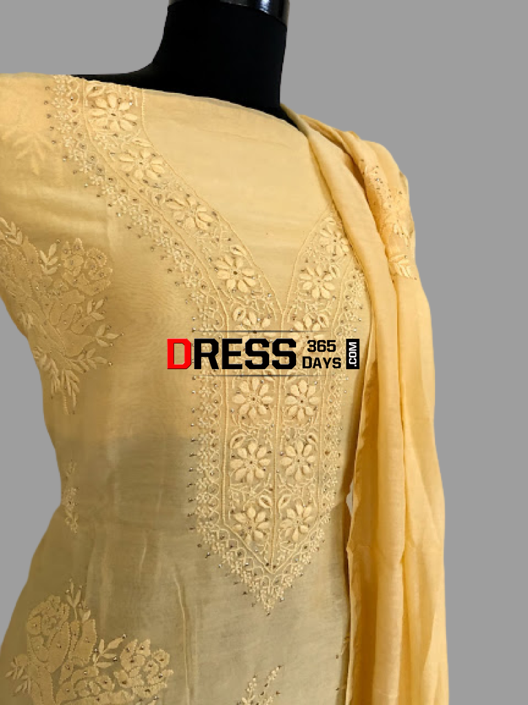 Beige Yellow Mukaish Chikankari Suit (Chanderi) Suits