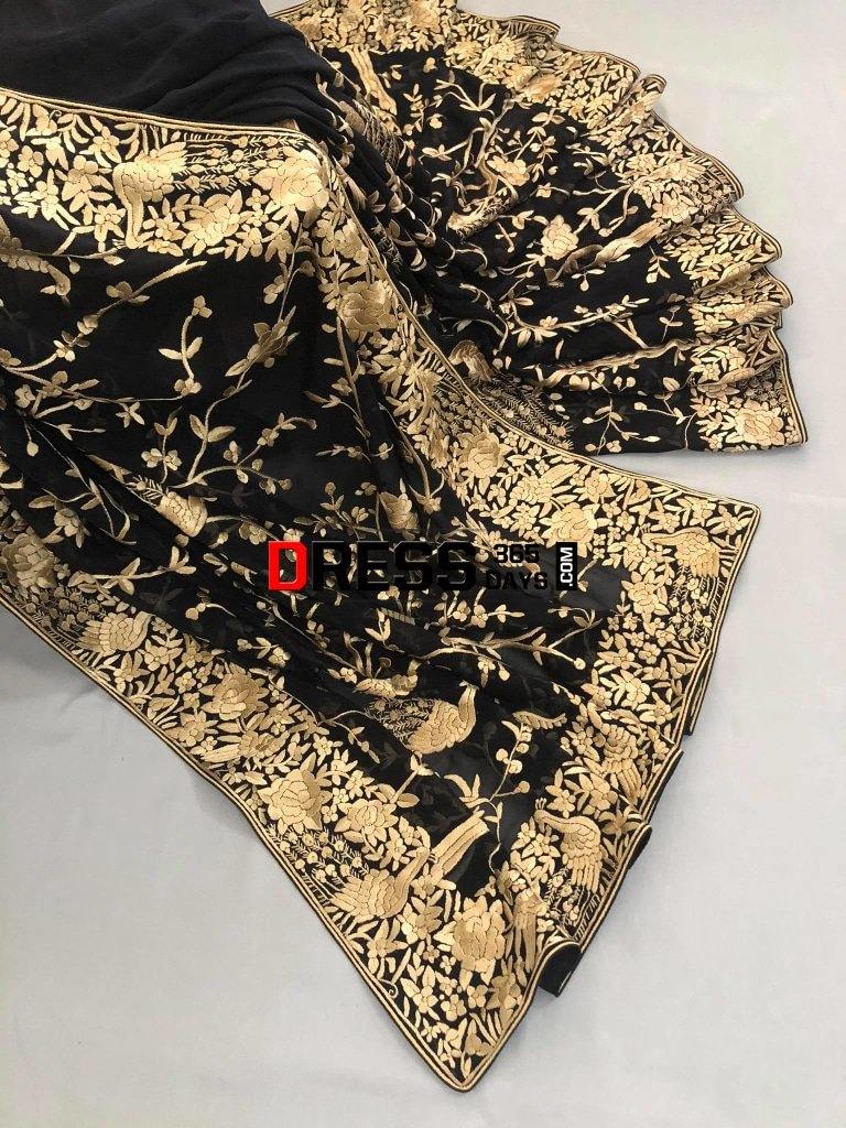 Black And Gold Hand Embroidered Parsi Gara Saree Saree