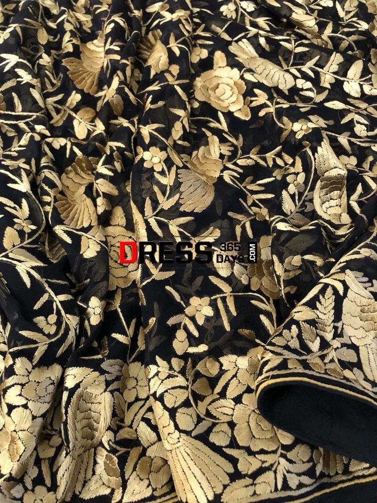 Black Gold Designer Hand Embroidered Dupatta Parsi Gara