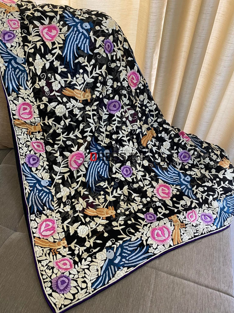 Black Multicolour Parsi Gara Dupatta