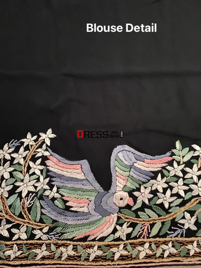 Black Multicolour Parsi Gara Saree-Crepe Silk Saree