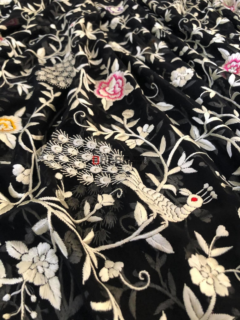 Black Parsi Gara Dupatta With Ivory-Multicolour Embroidery