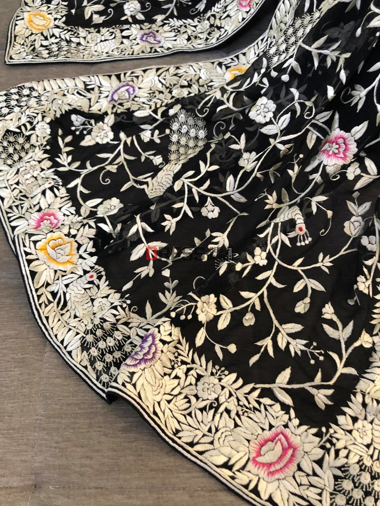 Black Parsi Gara Dupatta With Ivory-Multicolour Embroidery