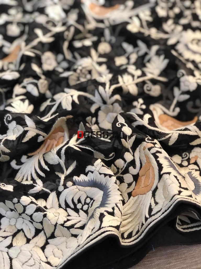 Black Parsi Gara Hand Embroidered Dupatta