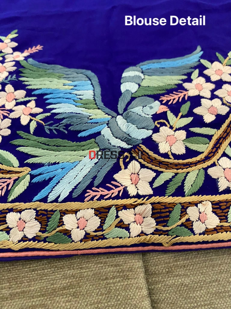 Blue & Multicolour Parsi Gara Saree- Crepe Silk Saree