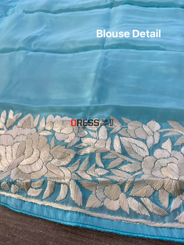 Blue Organza Parsi Gara Saree