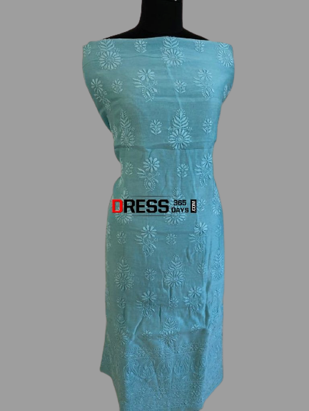 Bluish Green Chanderi Chikan Work Suit (Kurta and Dupatta) - Dress365days
