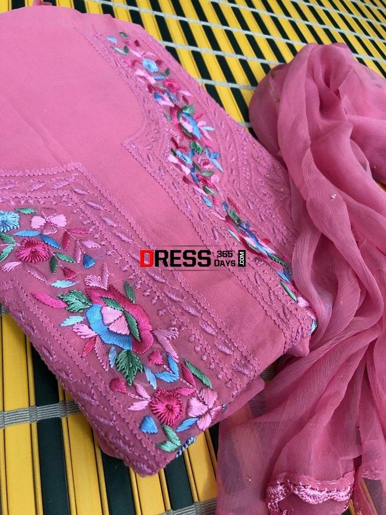 Chikankari Suit With Mukaish And Parsi Embroidered Neckline Suits