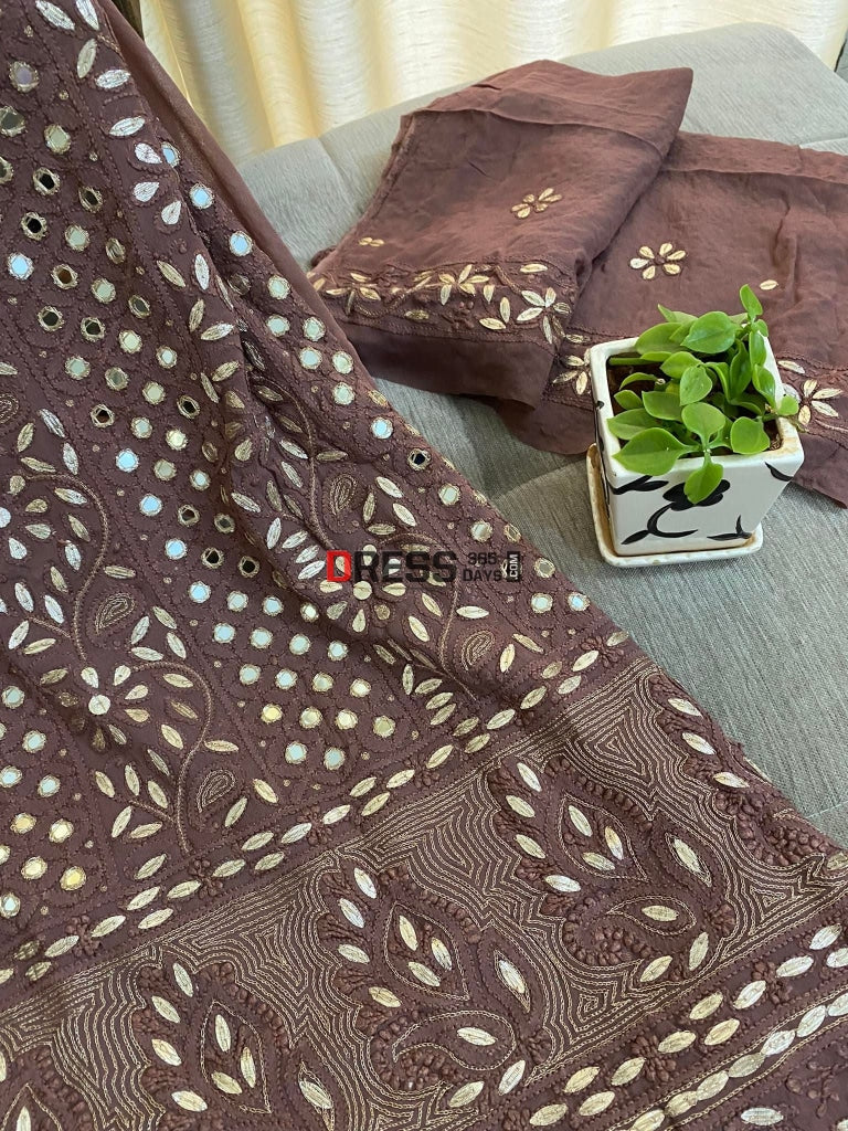 Coffee Brown Mirror & Gota Patti Lucknowi Chikankari Suit Suits