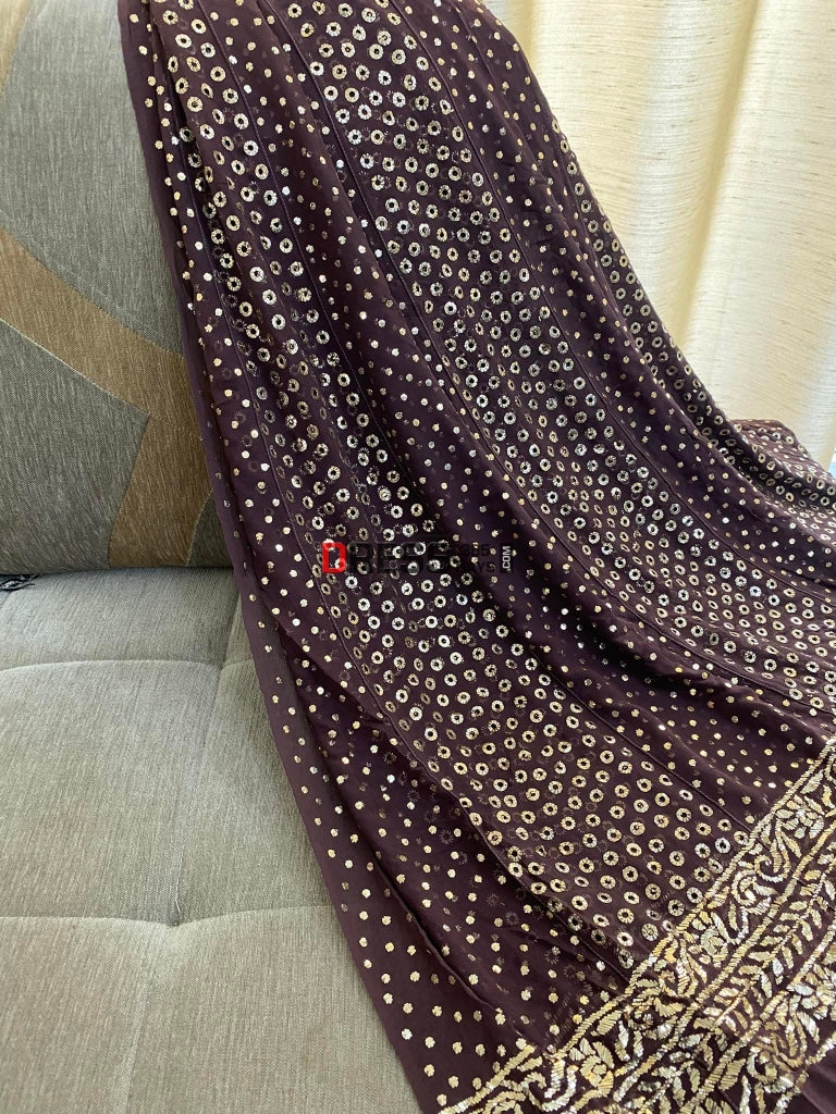 Deep Coffee Brown Ring Mukaish Anarkali Suit Chikankari