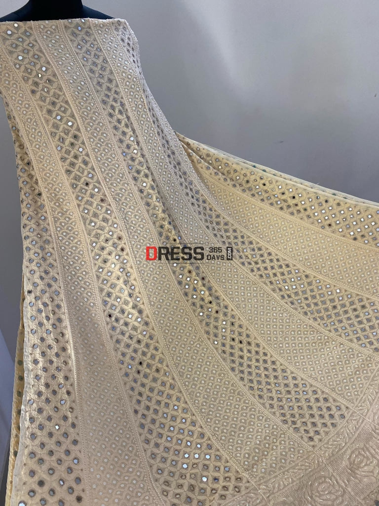 Designer Beige Mirror & Pearl Lucknowi Anarkali Suit Chikankari
