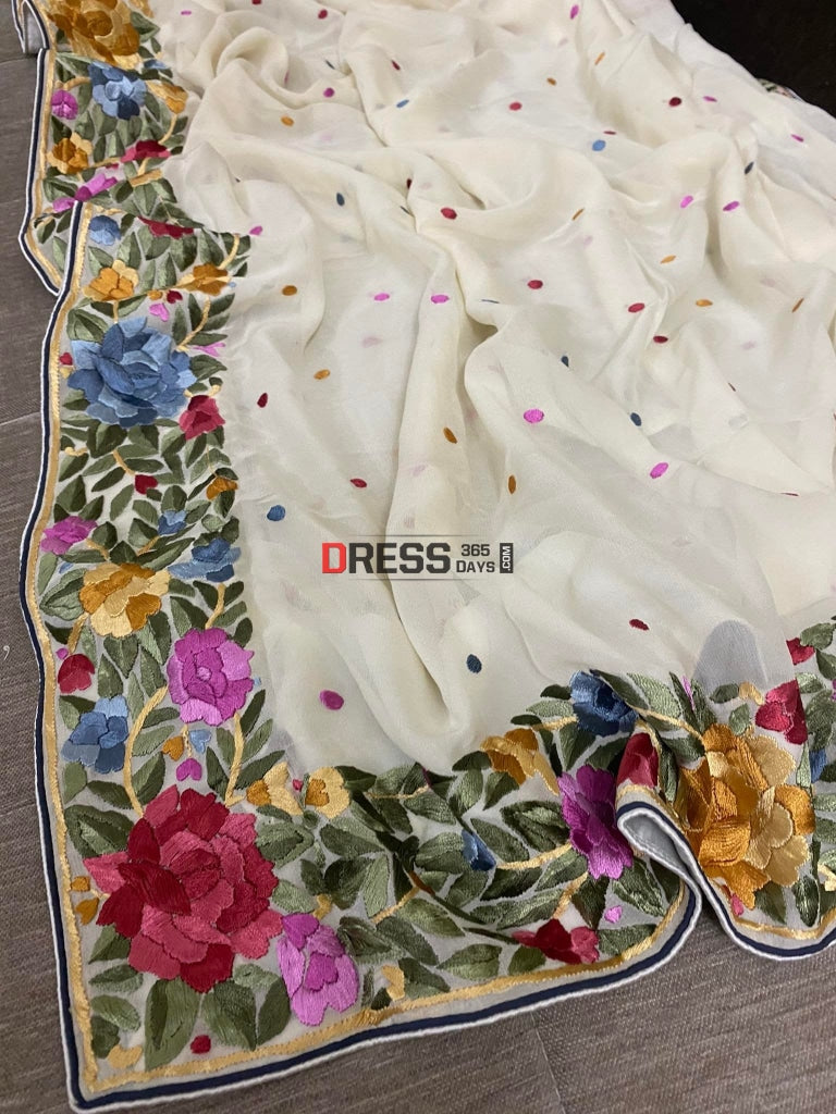 Designer Ivory Parsi Gara Hand Embroidered Dupatta