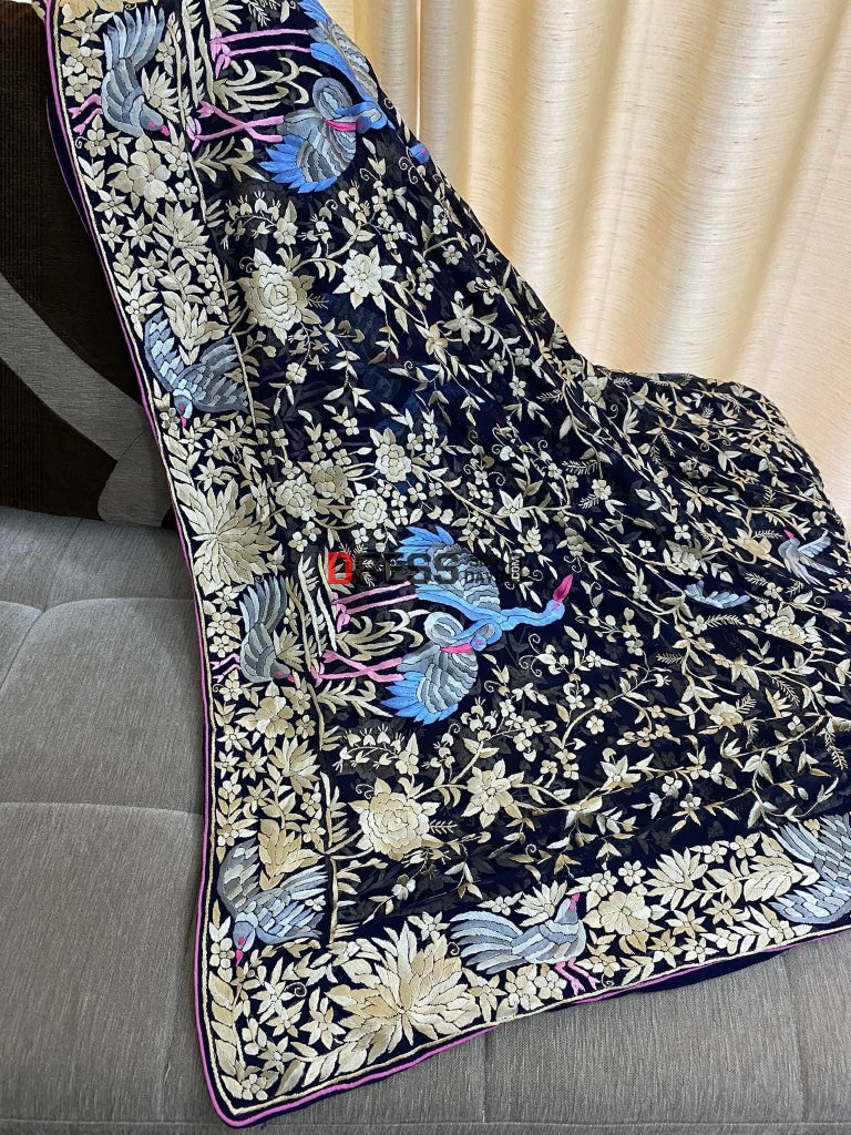 Designer Navy Hand Embroidered Parsi Gara Dupatta