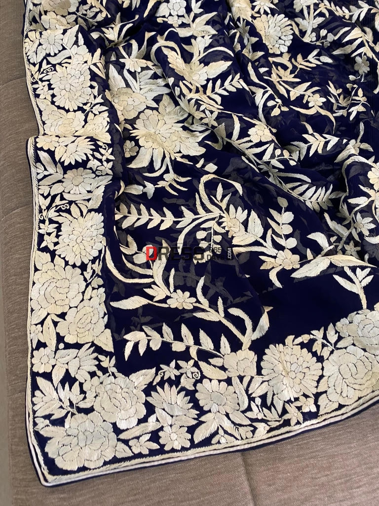 Designer Navy Ivory Floral Parsi Gara Dupatta