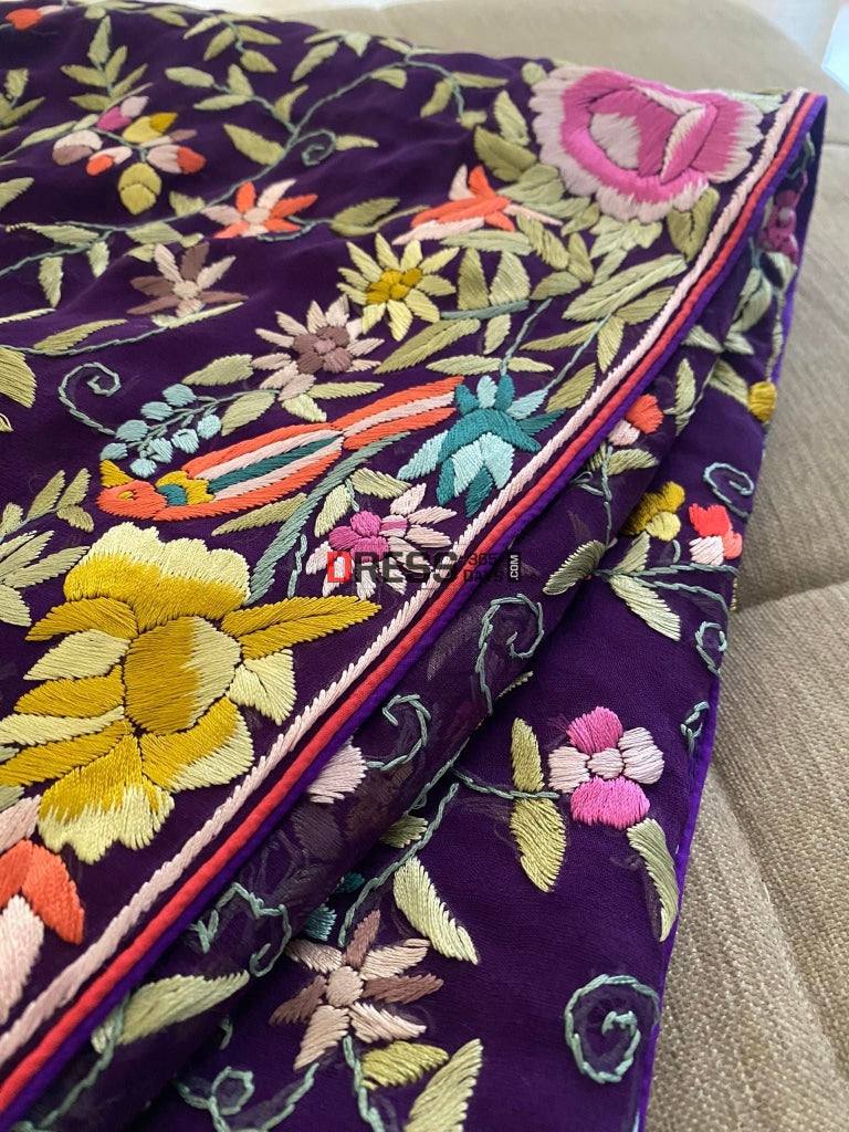 Designer Purple Parsi Gara Hand Embroidered Saree