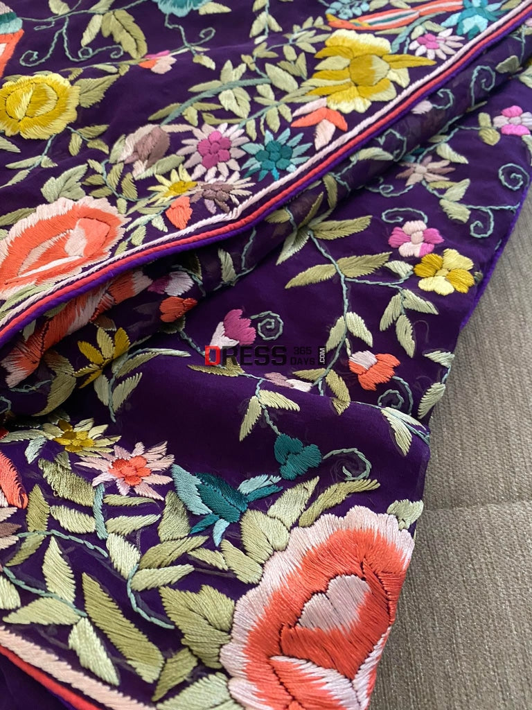 Designer Purple Parsi Gara Hand Embroidered Saree
