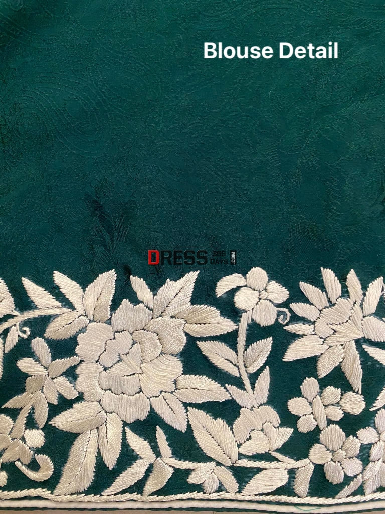 Emerald Green Parsi Gara Saree - Self Design Pure Crepe Silk