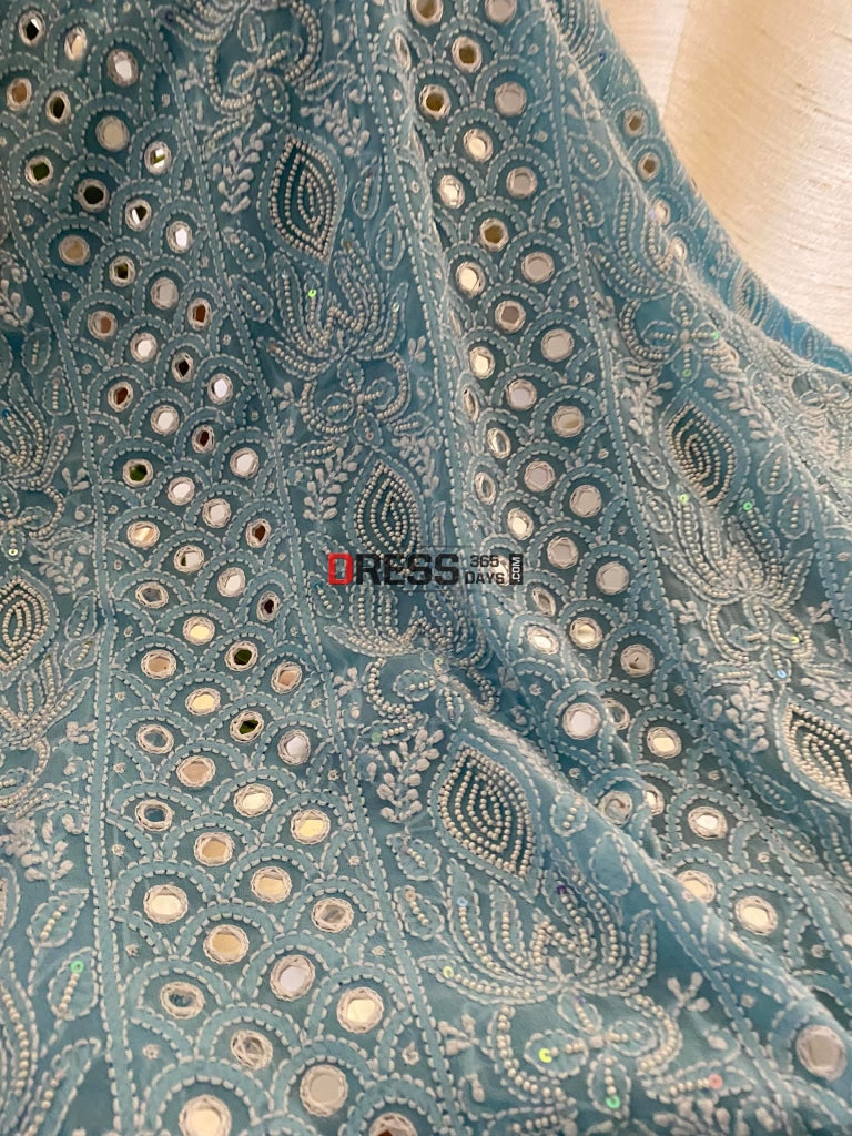 Exclusive Powder Blue Pearl & Mirror Chikankari Suit Suits