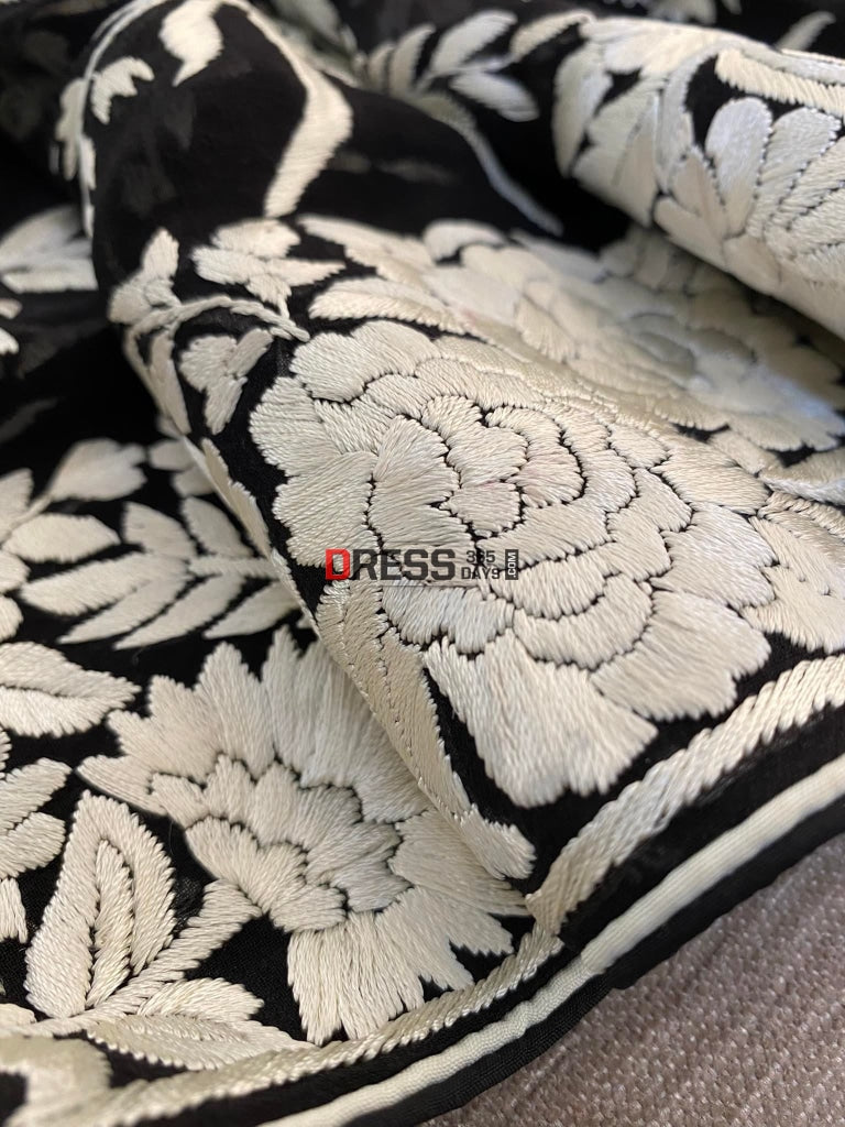 Floral Ivory And Black Parsi Gara Hand Embroidered Dupatta