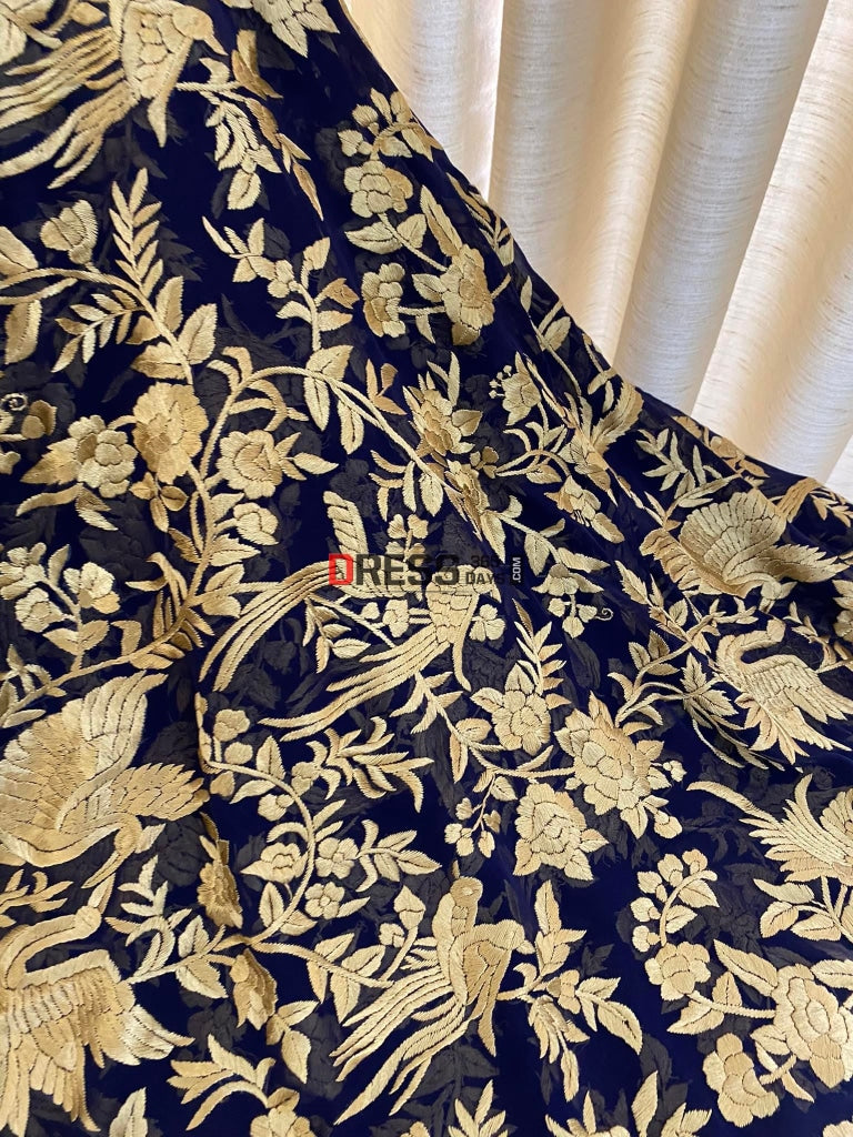 Gold And Navy Parsi Gara Dupatta