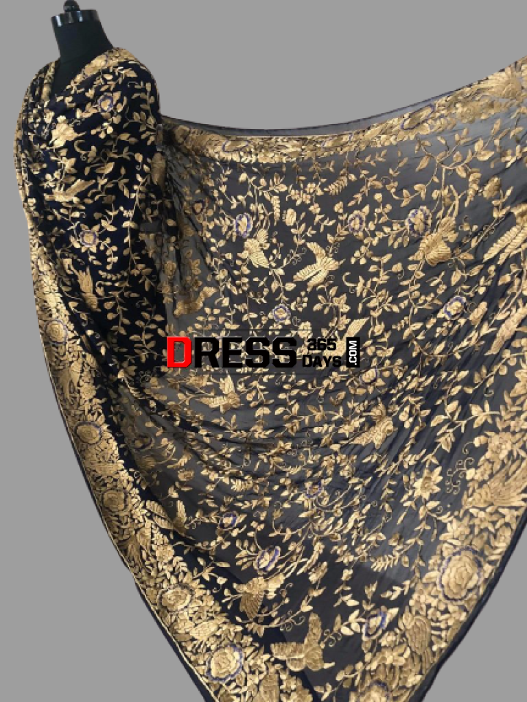 Gold Parsi Gara Hand Embroidered Dupatta (Ready To Ship)