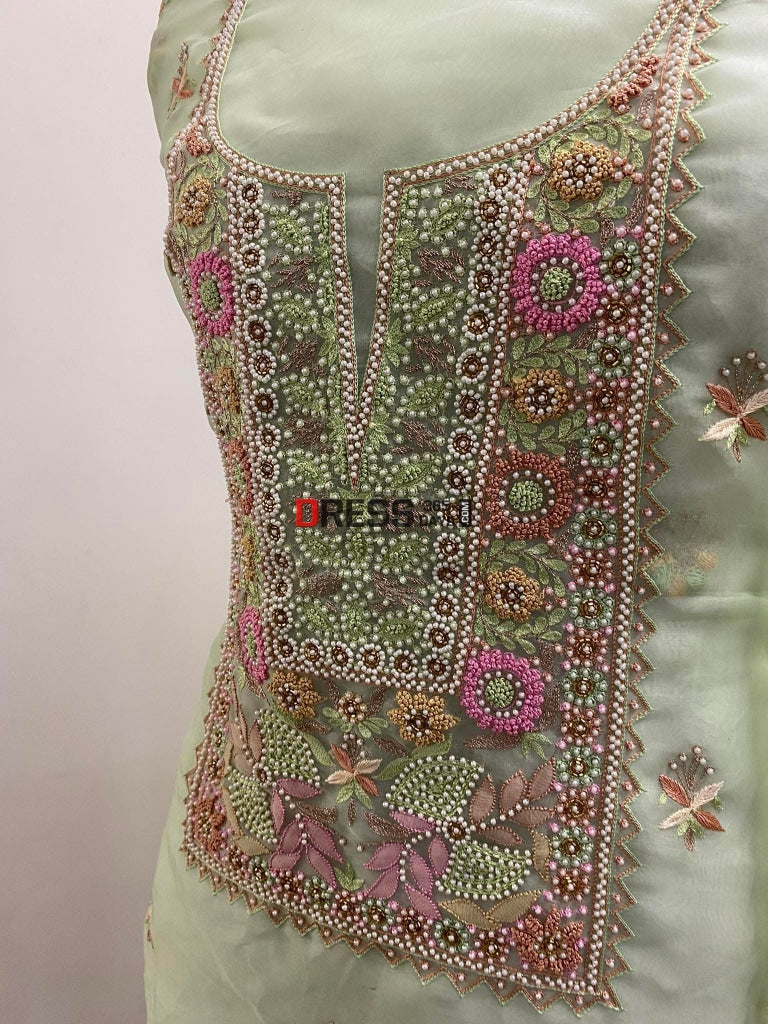 Green Exclusive Organza Pearls Chikankari Suit Suits