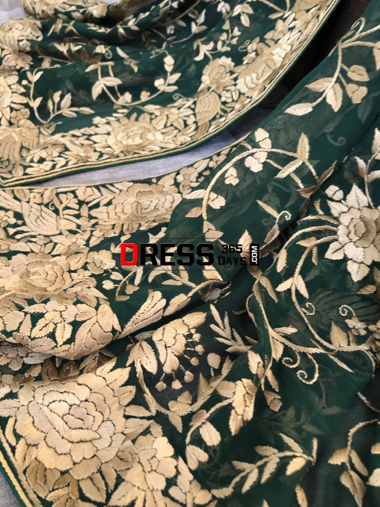 Green & Gold Parsi Gara Hand Embroidered Dupatta