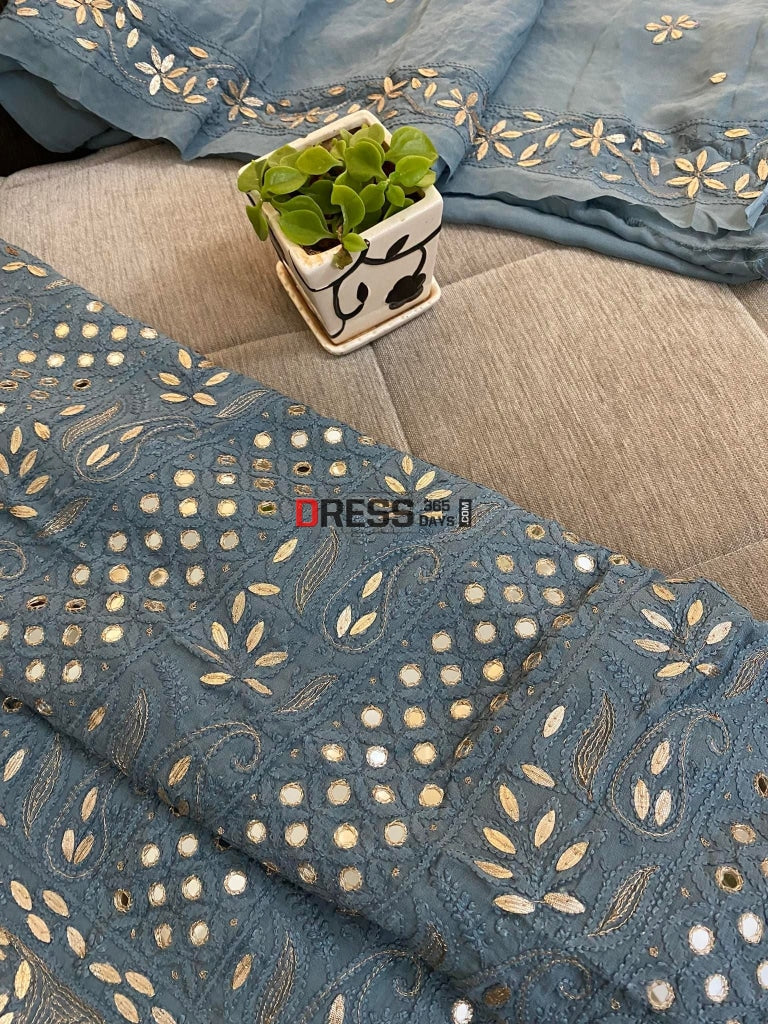Grey Mirror & Gota Patti Lucknowi Chikankari Suit Suits