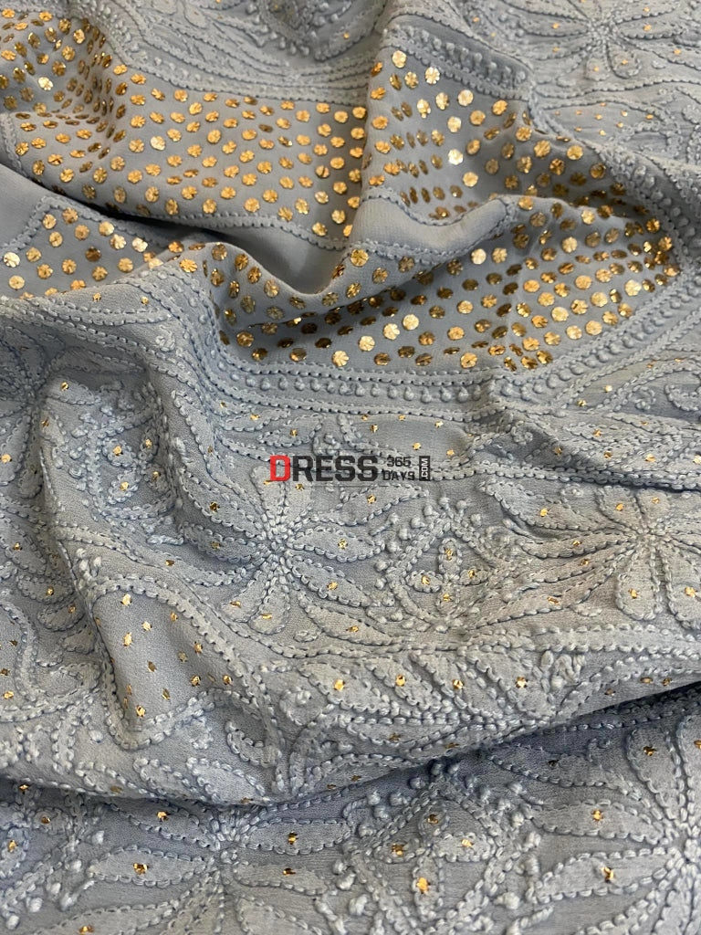 Grey Mukaish Neckline Chikankari Kurta Dupatta Suits