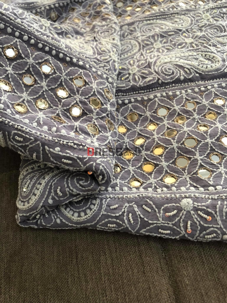 Grey Pearl & Mirror Lucknowi Chikan Anarkali Suit Chikankari