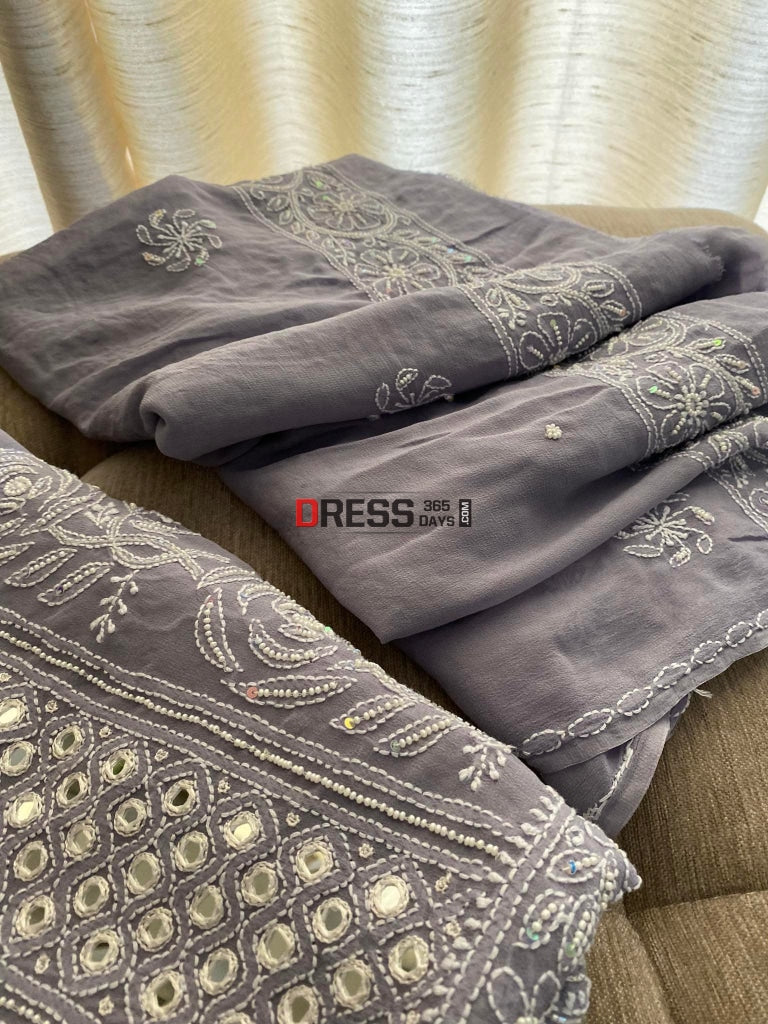 Grey Pearl & Mirror Lucknowi Chikankari Suit Suits