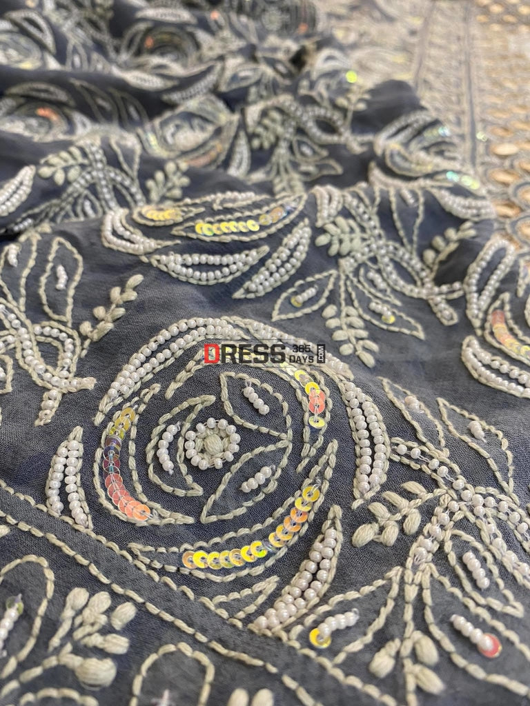 Grey Pearl & Mirrror Chikankari Dupatta