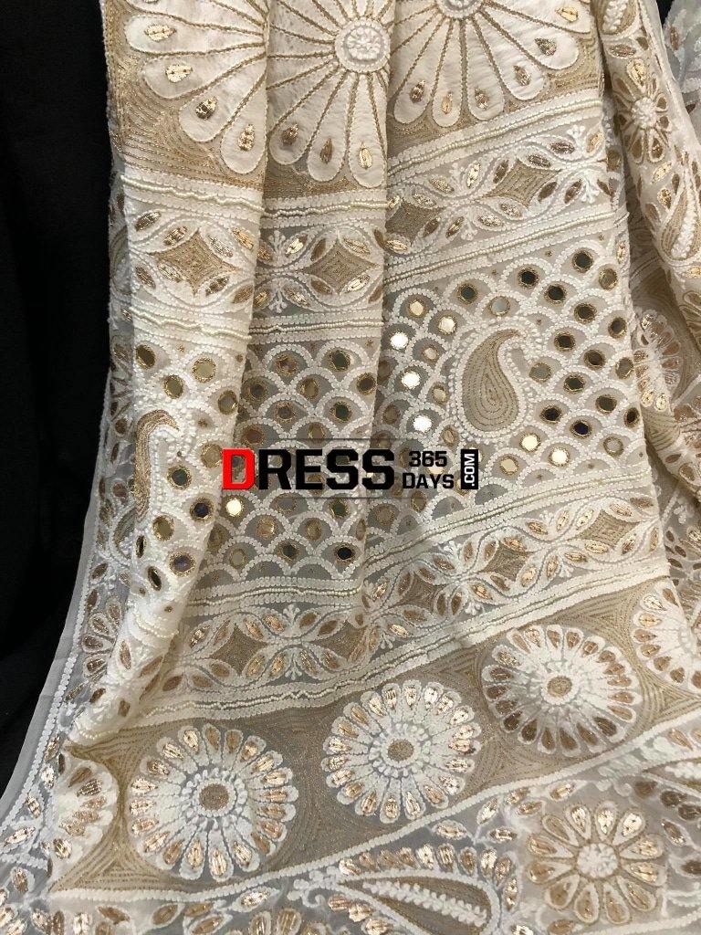 Hand Embroidered Chikankari Gota Patti And Mirror Work Saree