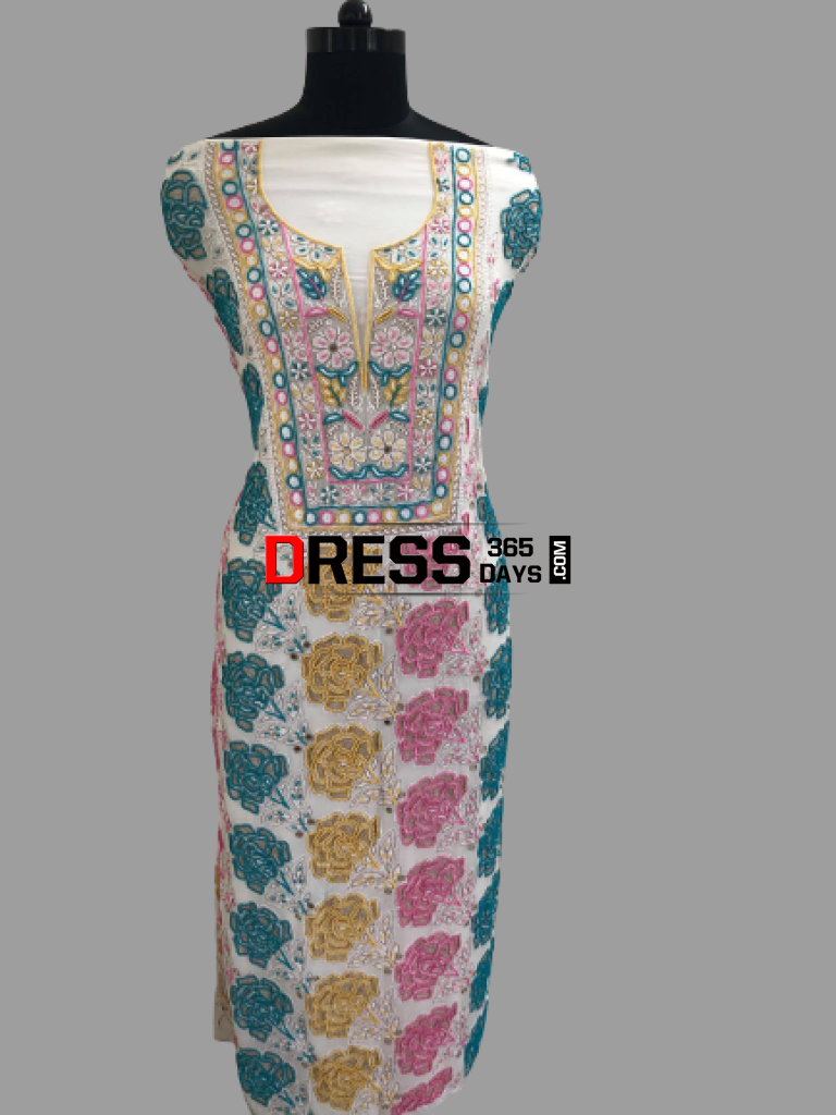 Hand Embroidered Multicolour Pearls Chikankari Suit Suits