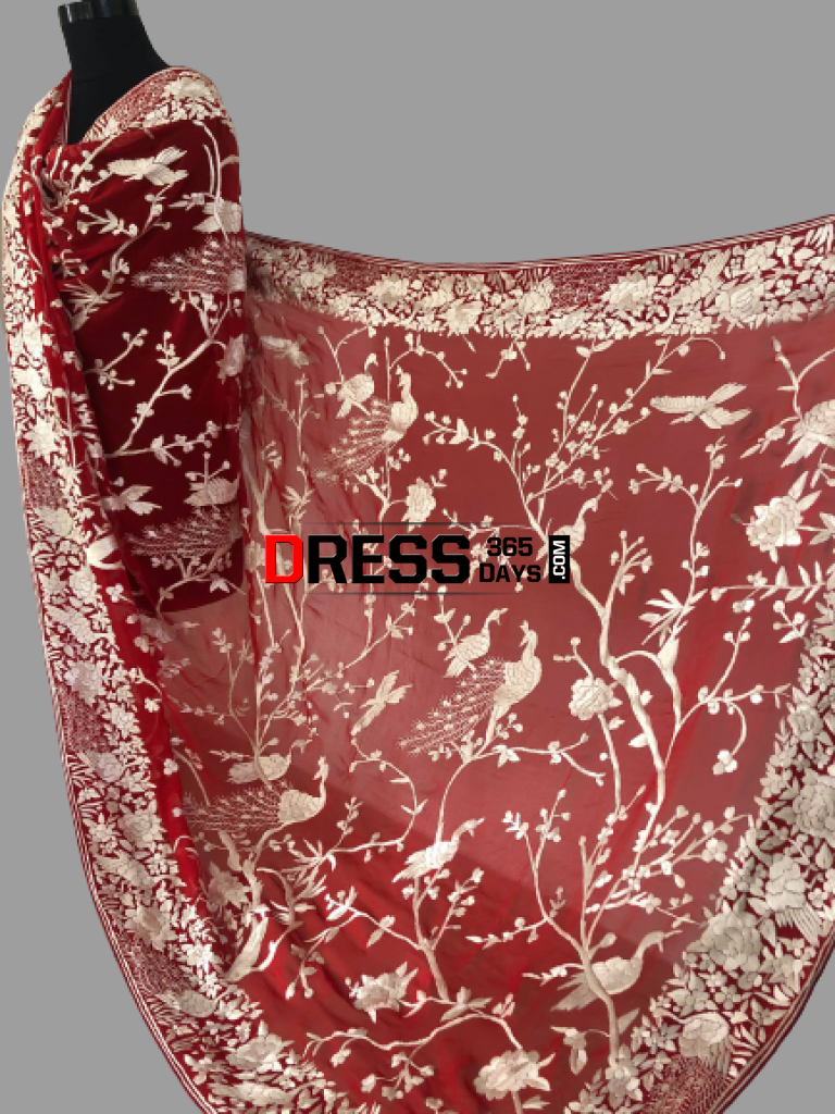 Hand Embroidered Red And Ivory Parsi Gara Dupatta (Pure Georgette)