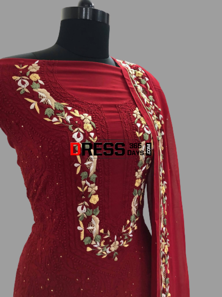 Pardis Red Chikankari Round Neck Dress main image 1