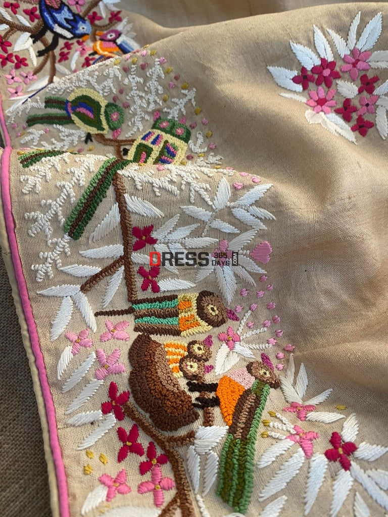 Hand Embroidered Tussar Silk French Knot Parsi Gara Saree
