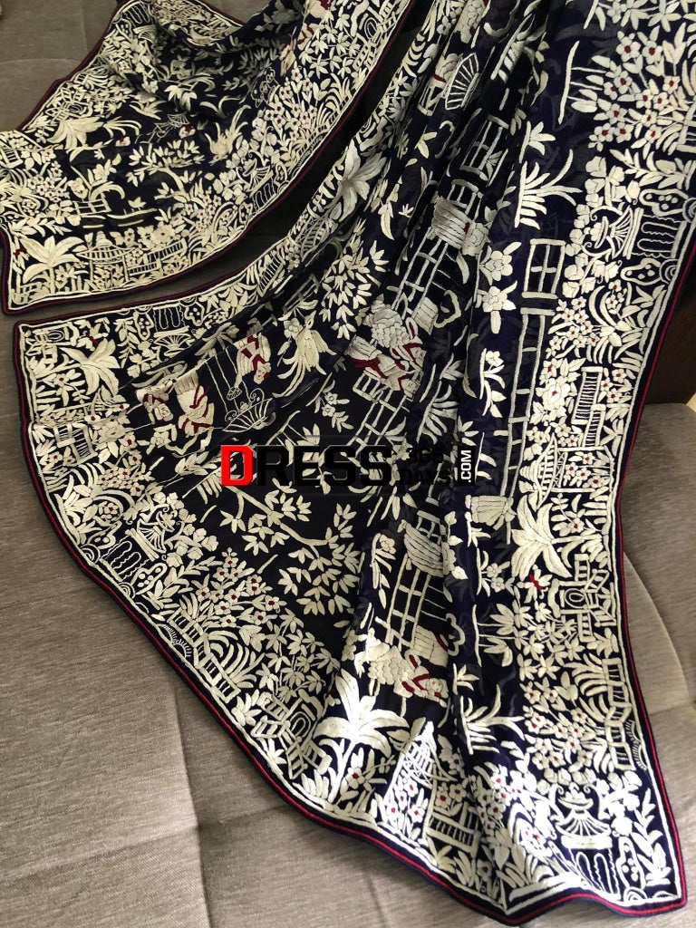 Heirloom Designer Navy Ivory Parsi Gara Dupatta