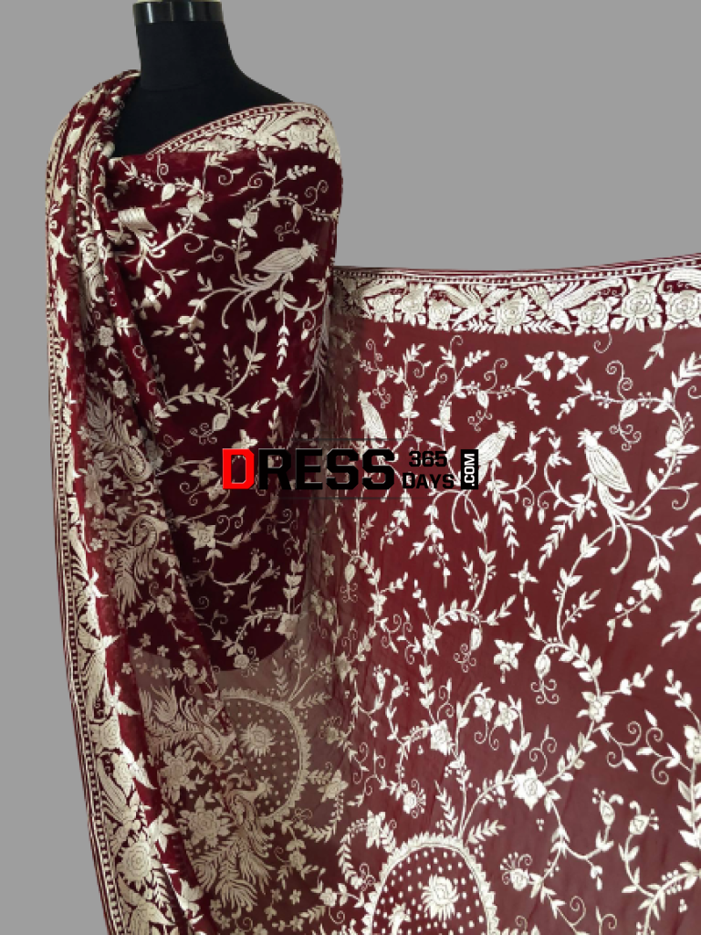Heirloom Hand Embroidered Maroon And Ivory Parsi Gara Dupatta