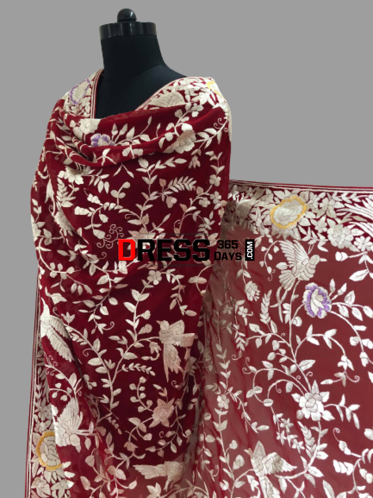 Heirloom Red And Ivory Parsi Gara Dupatta (Pure Georgette)