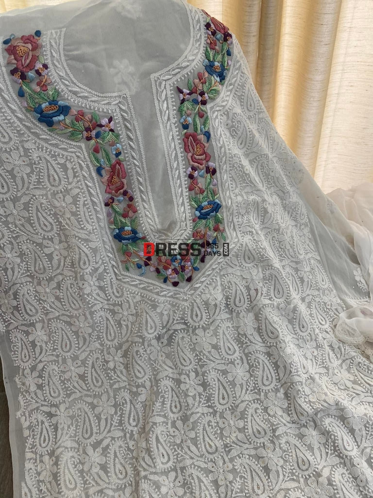 Ivory Chikankari Parsi Hand Embroidered Neckline Suit Suits